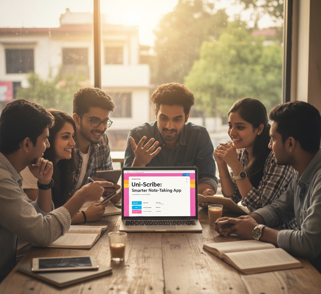 A team of students discussing the Uni-Scribe app.